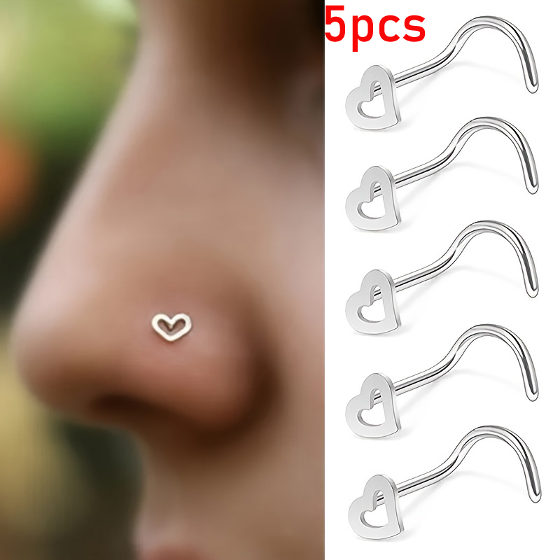 Nostril Screw Pin - 5-teiliges Hohlherz-Nasenbolzen-Set aus Edelstahl, Nasenring, Nasenloch-Piercing,