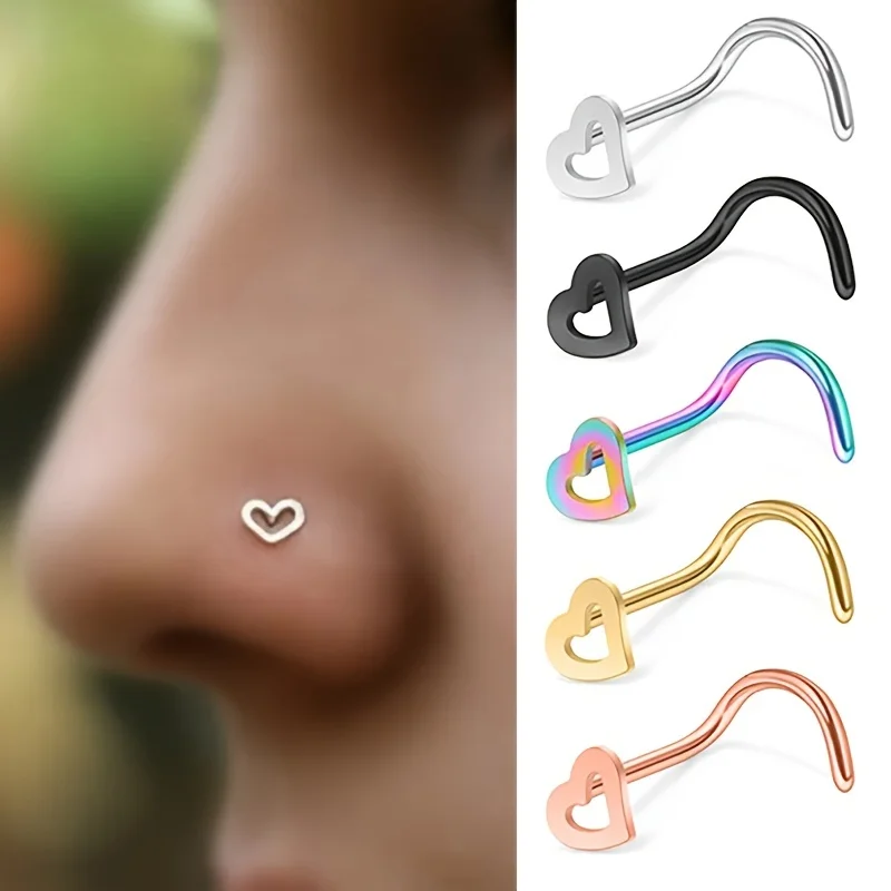 Nostril Screw Pin - 5-teiliges hohles Herz-Nasenbolzen-Set für Frauen, Edelstahl-Nasenring,