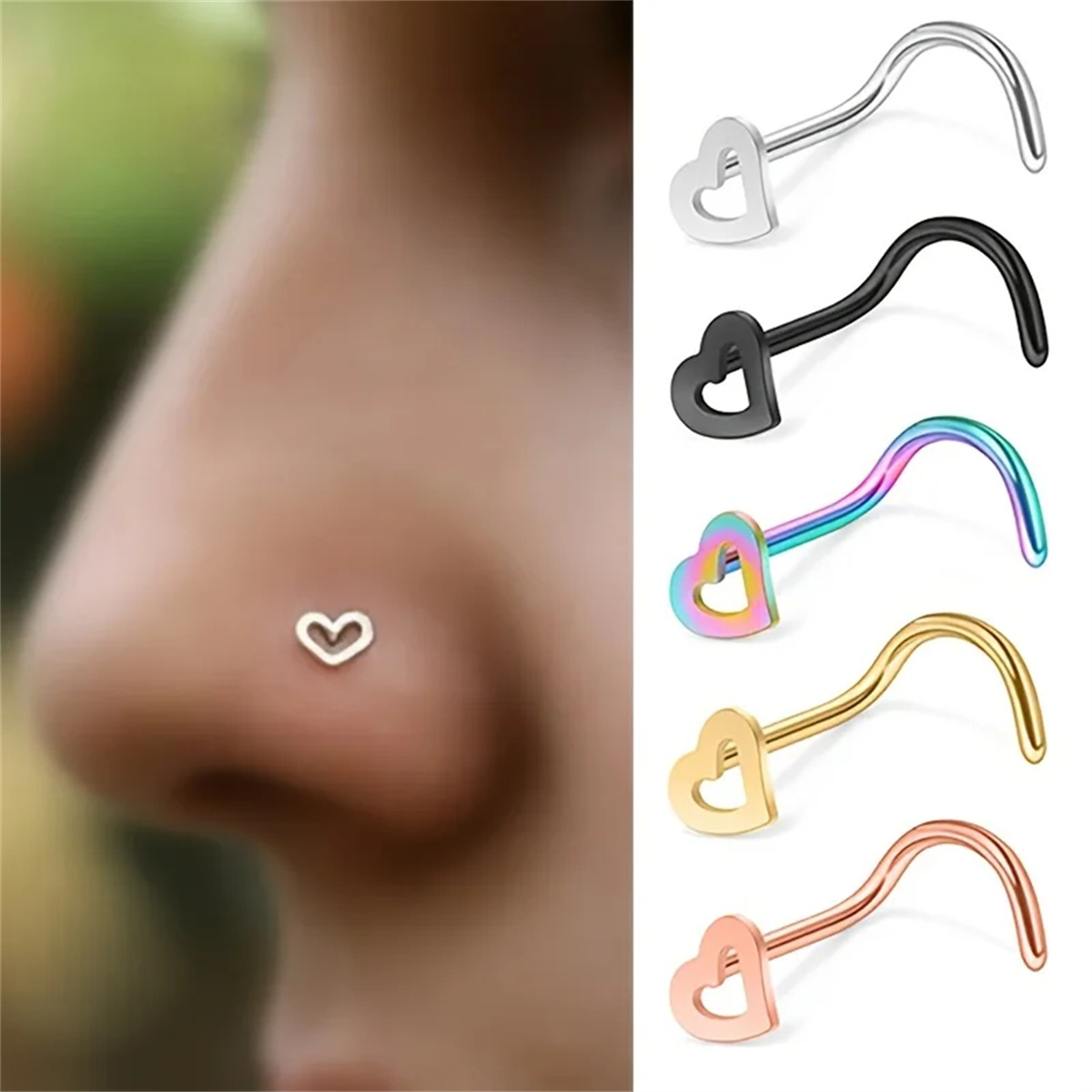 Nostril Screw Pin - 5pcs Mode Hohlherz Edelstahl Nase Stud