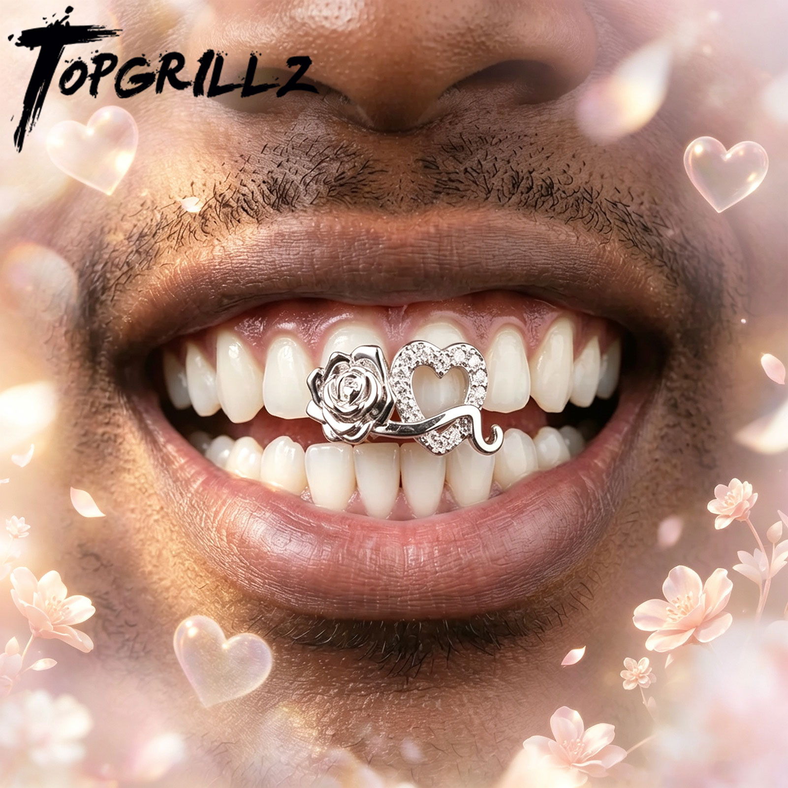Body Jewelry Men - TOPGRILLZ Romantische Zirkon-Doppel-Hohlherz-Blumen-Zahnschmuckstücke Hip-Hop CZ-Stein-Zahnkappen für